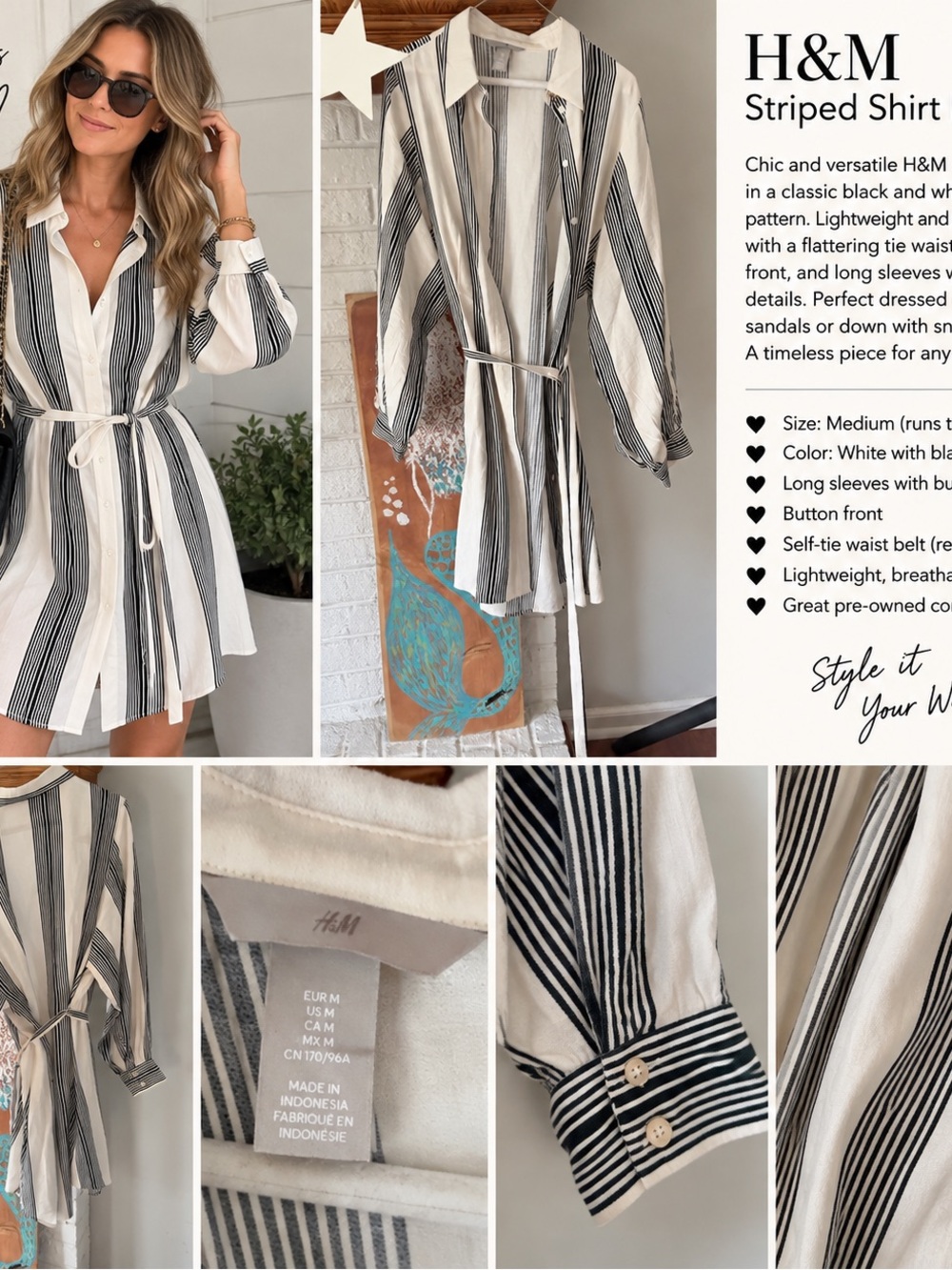 H&M White and Black Striped Tie-Waist Shirt Dress